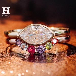 Custom 14K <b>Gold</b> Marquise Cut Moissanite Engagement <b>Ring</b> <b>Set</b> with Multi-Color Gemstone Curved Wedding Band for Women - Product Image 2