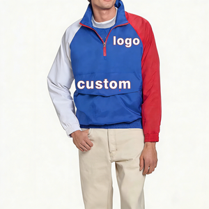 OEM <b>Men</b> Long Sleeve Strap Front Pocket Hooded Zipper Anorak Windbreaker <b>Jacket</b> Half Zip Windbreaker <b>Pullover</b> - Product Image 2