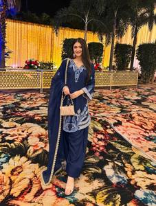 Blue Embroidered Cotton Salwar Suit With Dupatta Traditional Indian Pakistani <b>Party</b> <b>Wear</b> For <b>Women</b> Ankle-Length Loose Fit - Product Image 4