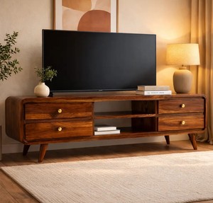Meuble TV en bois massif à bords incurvés de style moderne du milieu du siècle |   Console multimédia arrondie avec 4 tiroirs |   Exportation de Jodhpur - Product Image 1