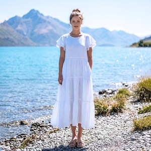 Robe mi-longue vintage en coton à manches cloche et col en V, asymétrique, décontractée, pour l'été, la plage, les vacances, grande taille - Product Image 1