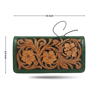 SEHRAINN Leather Women Clutch Floral Embellished Vintage <b>Green</b> Wallet All Seasons Daily Use Tooled Leather Floral Design <b>Purse</b> - Product Image 3
