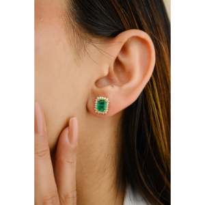 18K Solid Gold Oval Cut <b>Emerald</b> & Diamond Halo <b>Stud</b> <b>Earrings</b> - Product Image 4