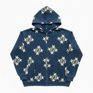 Sweat-shirt à capuche bleu marine avec imprimé étoiles, coupe classique, style décontracté pour homme, en tissu French Terry, style automne, en vente - Product Image 4