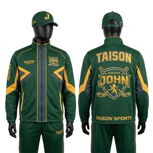 Traje Deportivo de Hockey sobre Hielo para Hombre, 300 GSM, Tricot Cepillado, Paneles Verdes, Amarillos y Grises, Logotipo Personalizado Sublimado y Bordado en Sarga, Elite - Product Image 1