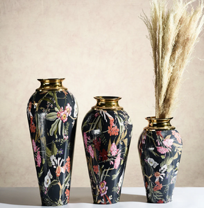 Ornate antique black brass flower vase with fine golden etched <b>floral</b> patterns and a flared rim, available at wholesale prices. - Product Image 6