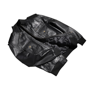 Blouson Bomber Homme Noir en Cuir PU Zippé Coupe-Vent Style Moto avec Col Montant et Poignets Côtelés – Style Décontracté Automne - Product Image 1
