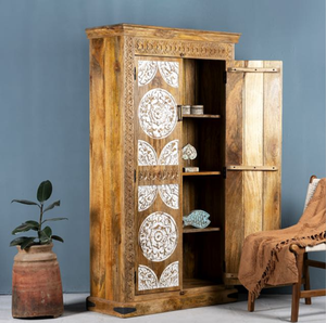 Ensemble de placards combinés à 3 portes en bois de sheesham naturel, avec tiroirs inférieurs sculptés en jali, à prix de gros. - Product Image 6