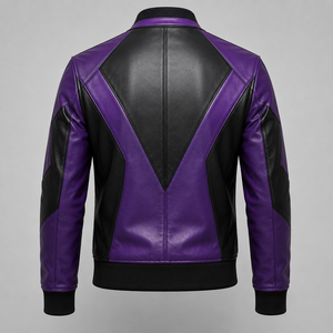 Men's Purple <b>Black</b> PU Leather Bomber <b>Jacket</b> Moto Biker Style Color Blocking Zipper Closure Turn-down Collar Regular Fit - Product Image 4