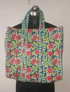 Designer Blue <b>Quilted</b> Cotton Tote Bag with Red Floral Hand Block print Open Casual Shopping Reusable <b>Handbag</b> For Women - Product Image 1