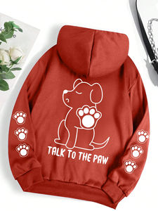 Sudadera con capucha divertida con estampado de dibujos animados de perros Talk To The Paw para mujer, cálida de forro polar, a la moda, informal, con capucha, holgada, de cuello redondo, tops de otoño para mujer - Product Image 4