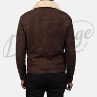 Veste aviateur en daim marron foncé pour homme, col en fausse fourrure crème, coupe slim, chaude, hiver, fermeture éclair, style bomber