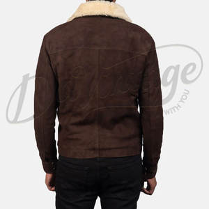 เสื้อแจ็คเก็ตนักบินหนังกลับสีน้ำตาลเข้มสำหรับผู้ชาย  คอปกขนเฟอร์เทียมสีครีม  ทรงเข้ารูป  ให้ความอบอุ่นในฤดูหนาว  แบบซิป  ทรงบอมเบอร์ - Product Image 6