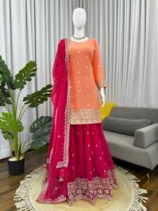 ชุดเย็บปักถักร้อยและผ้าลายเรขาคณิตเย็บด้านบนพร้อมพลาสโซ่และงานหนัก georgette dupatta พร้อมที่จะสวมใส่ - Product Image 2