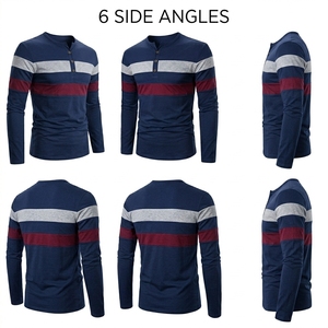 Custom Mens Long Sleeve Henley Shirts Fashion Striped Color Block T Shirt Slim Fit Comfortable Cotton Knitted Apparel Tops - Product Image 3