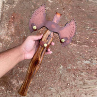 Hache à double tête en acier de Damas, outil artisanal en acier à motifs avec manche en bois massif pour le camping, l'extérieur et l'usage quotidien
