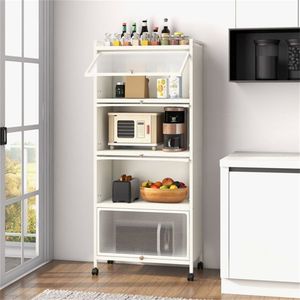 5 Tier White Rolling Microwave Stand with Flip Dust-Proof Doors 4 Casters with Brakes <b>Kitchen</b> <b>Storage</b> Rack - Product Image 5