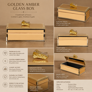 Golden Amber Glass Jewelry Storage Box with <b>Gold</b> Finished Natural Stone Handle Glossy Finish Decorative Keepsake Organizer - Product Image 2