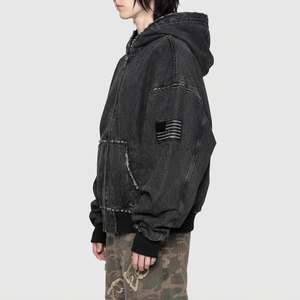 Sudadera con capucha de mezclilla lavada oversize con cremallera y parche de bandera, estilo urbano unisex, diseño de manga con dobladillo sin rematar, sudaderas con capucha para hombre, estilo otoño - Product Image 2