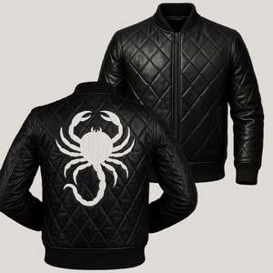 Black PU Leather Scorpion <b>Coat</b> Men's Quilted Gothic Winter Jacket with Stand Collar and Front Logo Handmade - Product Image 6