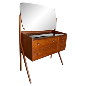 Mid-Century Modern Floating-Box Dressing <b>Table</b> with Integrated Adjustable Mirror, Tempered Glass Top, & Tapered A-Frame Legs - Product Image 1