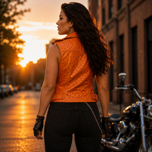 Leather Spot Women's Ostrich Leather Vest Custom Leather <b>Waistcoat</b> | Breathable Moto <b>Biker</b> Style Slim Fit V-Neck Zipper Vest - Product Image 3