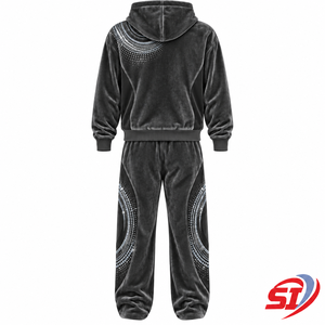Ensemble de survêtement personnalisé en velours 280 GSM avec strass, sweat à capuche et pantalon en velours, couleur graphite Halo Motion, sweat à capuche et pantalon personnalisés - Product Image 2