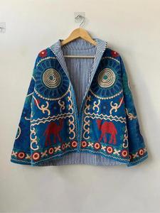 Elegant Blue <b>Velvet</b> Floral Embroidered Suzani <b>Jacket</b> With Camel Pattern Full Sleeve Stand Collar Bohemian <b>Women</b> Autumn Outerwear - Product Image 4