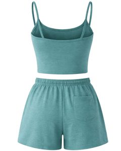 Customized Teal Women Camisole And Shorts <b>Set</b> Summer Two Piece Outfit Cotton Blend Crop Top Drawstring Shorts Casual Lounge <b>Set</b> - Product Image 2