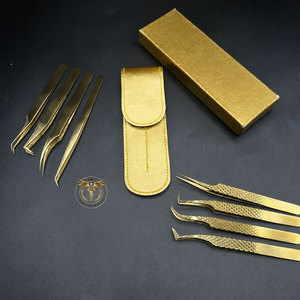 Juego de Pinzas para Pestañas de Acero Inoxidable Doradas Profesionales con Logotipo Personalizado para Extensiones de Pestañas Clásicas, de Volumen y Mega Volumen, OEM ODM - Product Image 1