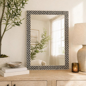 Bohemian Rectangular Wall <b>Mirror</b> with <b>Wooden</b> Frame and Blue White Decorative Mosaic Tiles - Product Image 5