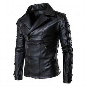 Veste en cuir noir sur mesure pour homme avec ceinture et manches à lacets, style motard, col rabattu, fermeture éclair - Product Image 3