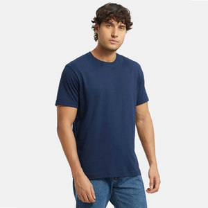 Camiseta de algodón azul marino de corte ajustado, cuello redondo, manga corta, color liso. - Product Image 2