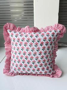 Housse de coussin artisanale moderne bohème en coton à volants, imprimé floral indien, pour la maison et l'hôpital, luxe, avec franges et volants - Product Image 3