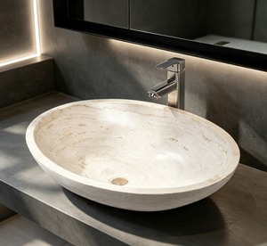 Lavabo Redondo de Travertino para Baño, Lavabo de Piedra Pulida, Montaje en Superficie, Diseño Minimalista - Product Image 1