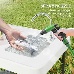 Tavolo Pieghevole Portatile Bianco per Pulizia Pesci con Lavello, Rubinetto, Tubo di Scarico, Spruzzatore e Ripiano per Campeggio - Product Image 4