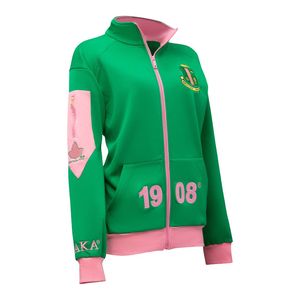 <b>Green</b> and Pink Women Full Zip Track Jacket with Embroidered Crest Long Sleeve Athletic Casual Sports Outerwear Comfortable Wear - Product Image 5