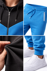 Ensemble de survêtement contrasté noir et bleu pour homme, sweat à capuche zippé et pantalon de jogging, coupe ajustée, vêtements de sport décontractés, vêtements de course pour homme - Product Image 6