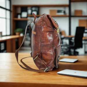 Sac à dos antivol en cuir à fermeture roll-top avec bretelles réglables, toile imperméable, fermeture éclair, écologique, pour l'été et les activités de plein air - Product Image 1