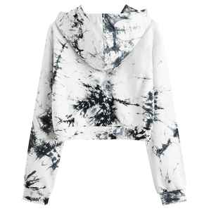 Women <b>Tie</b> Dye Cropped Hoodie Long Sleeve Pullover Sweatshirt Black and <b>White</b> Marble Print Streetwear Casual Drawstring <b>Top</b> - Product Image 2