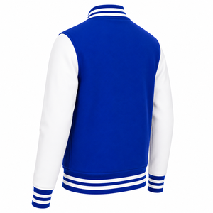 เสื้อแจ็คเก็ตวาร์ซิตี้สีน้ำเงินขาวสำหรับผู้ชาย ทรงปกติ คอตั้ง ติดกระดุมแบบสแนป สไตล์เพรปปี้ สีพื้น แขนเสื้อตัดสี ระบายอากาศได้ดี - Product Image 6