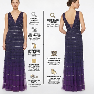 Robe midi à paillettes violettes |   Robe de soirée sans manches à col en V et coupe trapèze pour femme |   Robe élégante en maille pour occasions formelles, broderie de luxe - Product Image 5