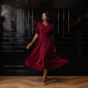 Vestido MIDI bordado para mujer con cuello en V rojo vino con algodón suave transpirable y diseño elegante artesanal para uso diario - Product Image 3