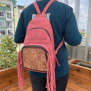 Bolso bandolera y mochila de punto de bota de cuero de gamuza rosa y con flecos, bolsas de pecho ocultas florales occidentales para mujer - Product Image 2