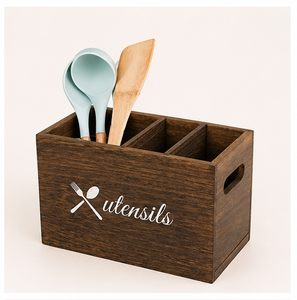 Rustic Burnt Wooden Cutlery Holder With 3 Compartments Sustainable Farmhouse <b>Kitchen</b> Utensil Organizer <b>Caddy</b> For Countertop - Product Image 5