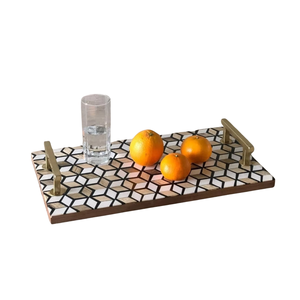 Plateau de service de luxe fait main en os incrusté avec des poignées en laiton |   Plateau de service décoratif à motifs géométriques, décoration d'intérieur, cadeau - Product Image 2