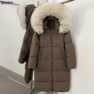 Manteau long matelassé pour femme, hiver, grande fourrure de raton laveur naturelle, capuche amovible, épais, ample, léger, coupe-vent. - Product Image 4