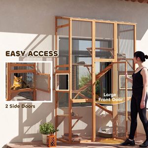 Grande Recinto Esterno in Legno per Gatti con 6 Piattaforme Salto, 2 Rampe, per 2-3 Gattini, per Uso in Giardino, Include Tiragraffi e Albero per Gatti - Product Image 6