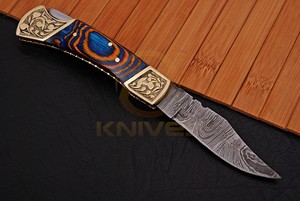 Couteau pliant artisanal en acier Damas, manche en bois, couteau de poche, couteau de camping, de chasse, EDC, avec étui en cuir - Product Image 2