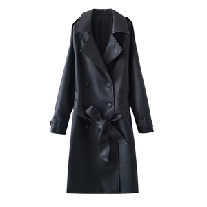 ZA2024 femmes automne mode cuir coupe-vent minceur polyvalent solide noir XS laine doublure nouveau Style avec col polyvalent - Product Image 1